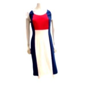 ASHRO-WOMENS RED-WHITE-BLUE MIDI BACK ZIP-UP CLOSURE CREW NECK DRESS SIZE SMALL